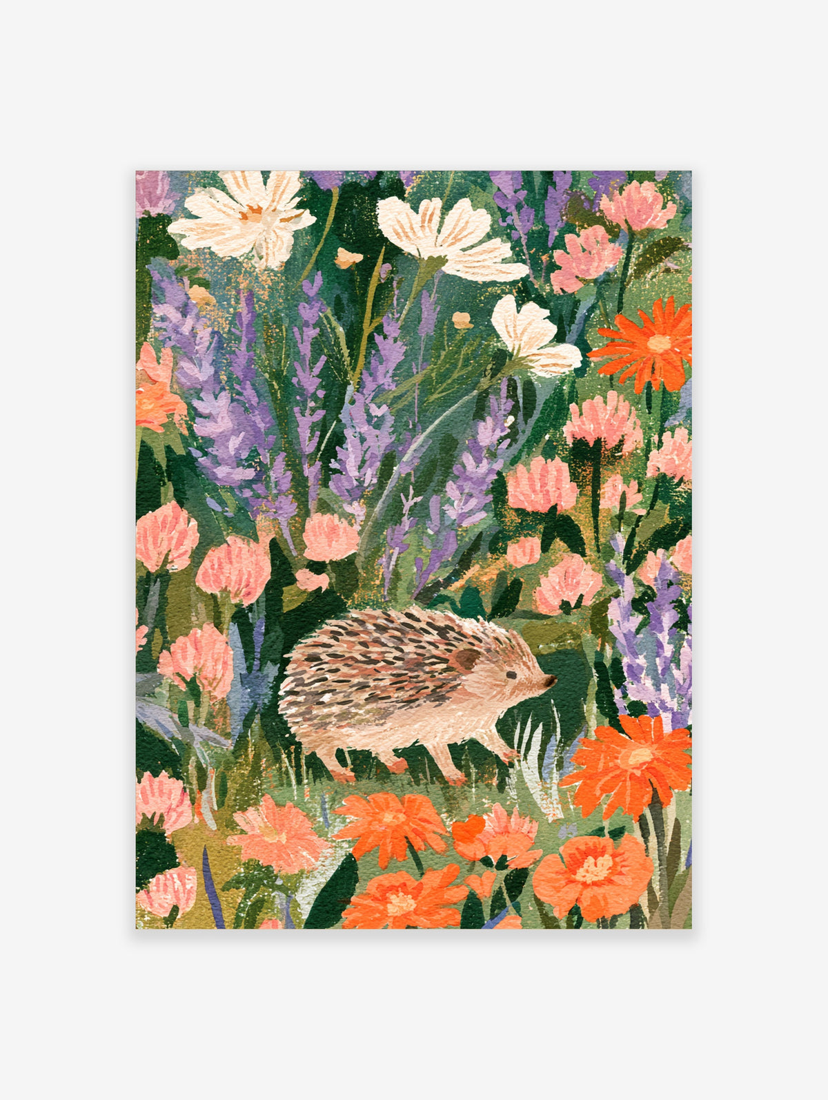 Hedgehog walking through purple lavender and orange wildflowers in a painted meadow illustration