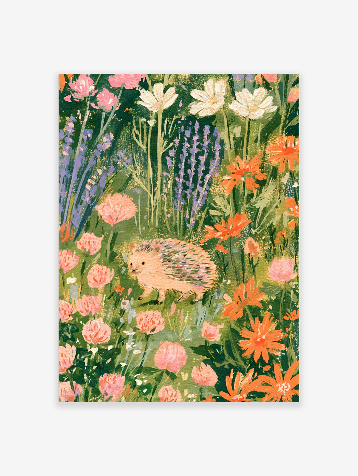 Hedgehog walking through pink, orange and purple wildflowers in a green meadow, colourful animal art print