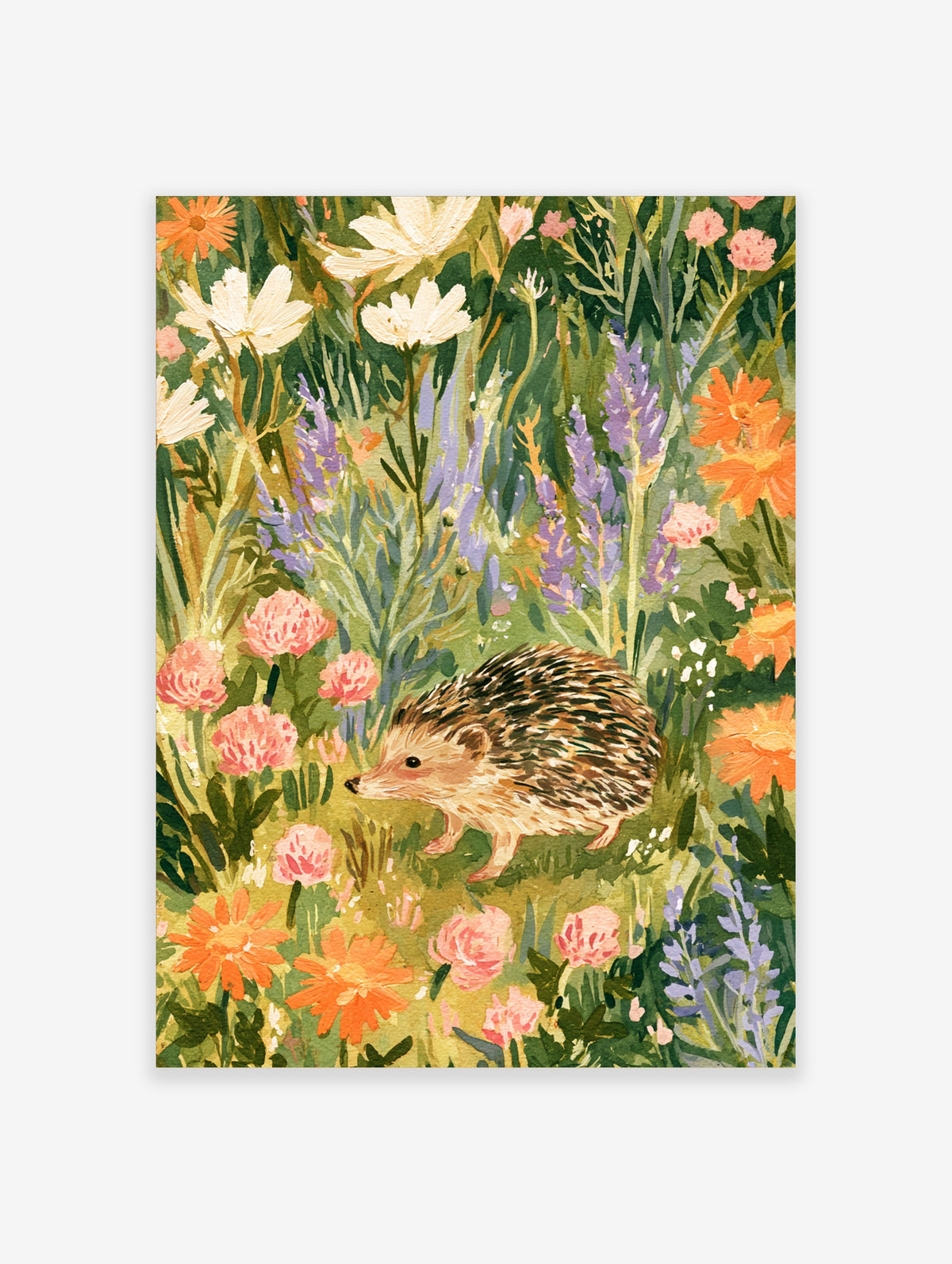 Hedgehog walking through a wildflower meadow with orange daisies, pink clover, purple lavender and white cosmos
