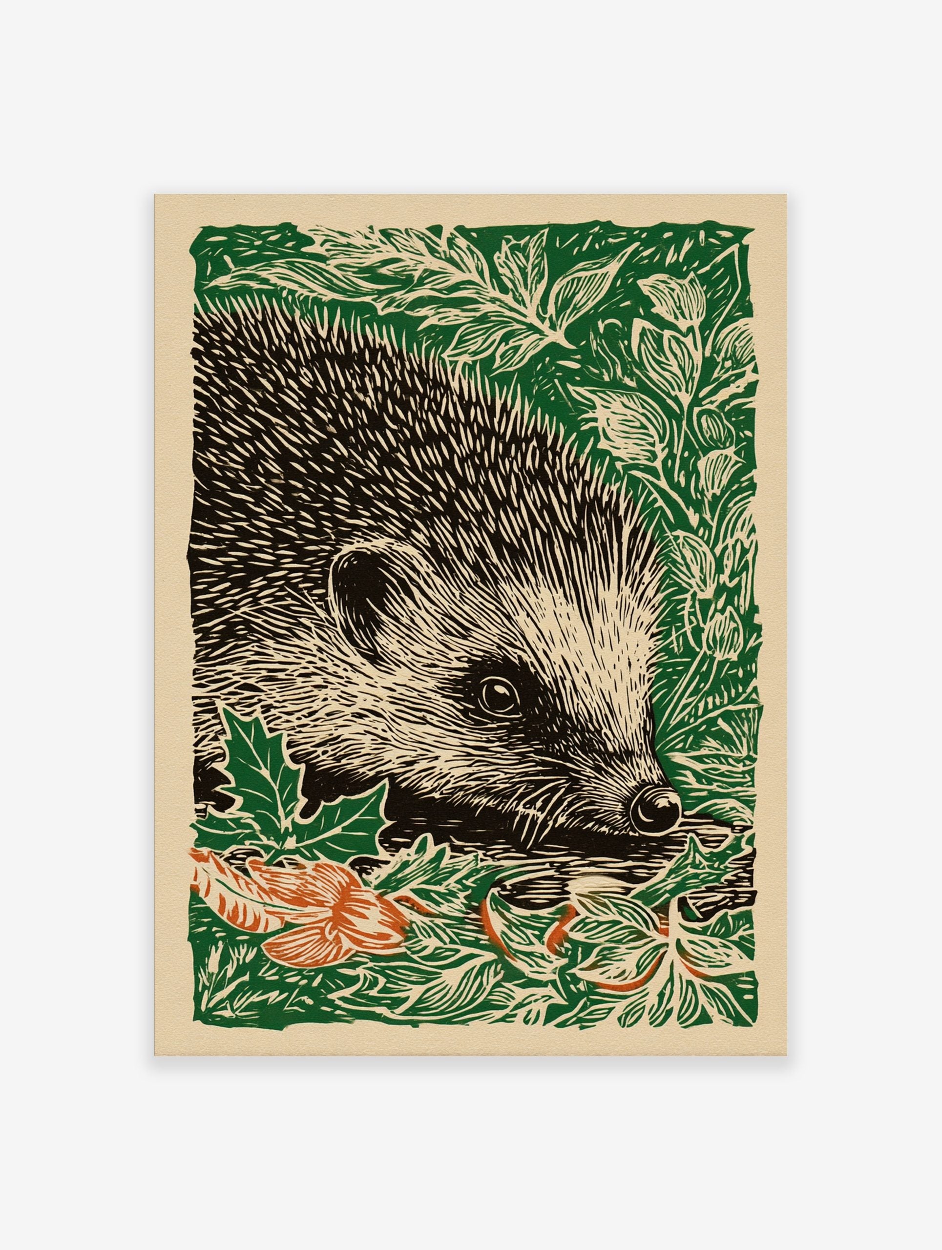 Hedgehog linocut print in green, black, and off-white, with orange leaves, in a portrait composition