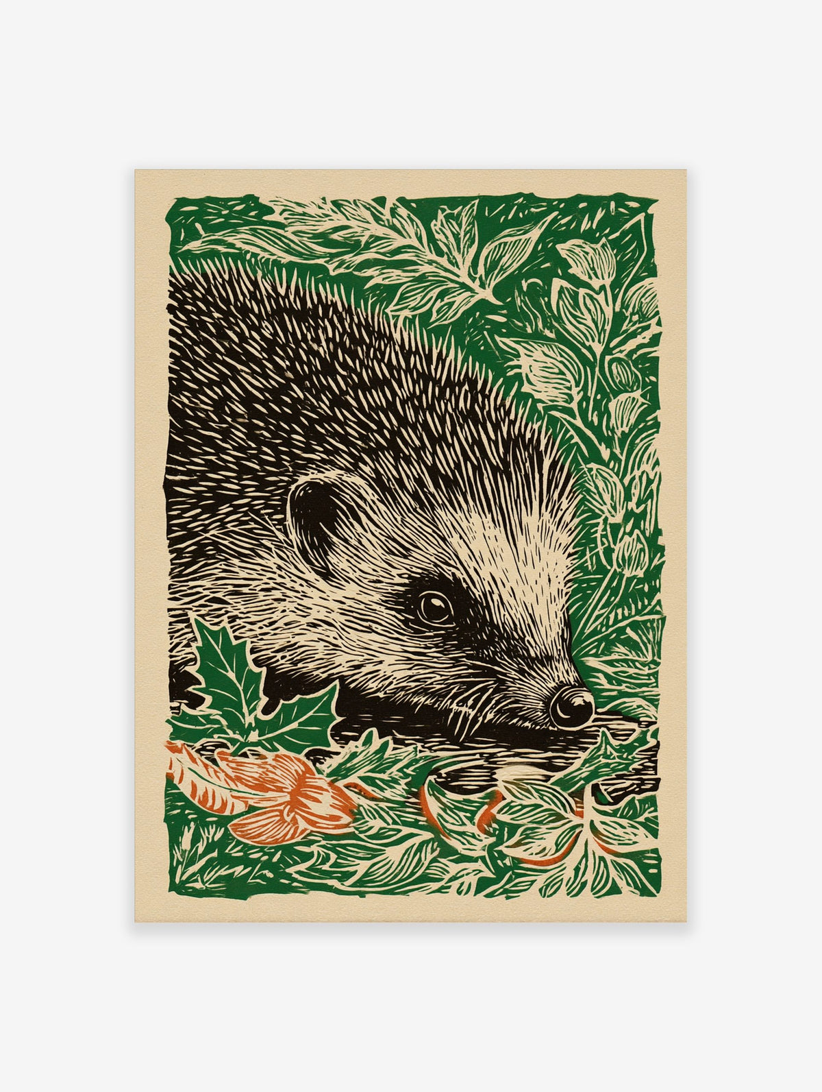 Hedgehog linocut print in green, black, and off-white, with orange leaves, in a portrait composition
