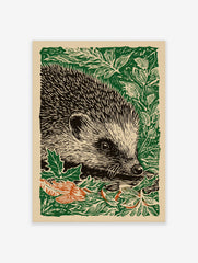 Hedgehog linocut print in green, black, and off-white, with orange leaves, in a portrait composition