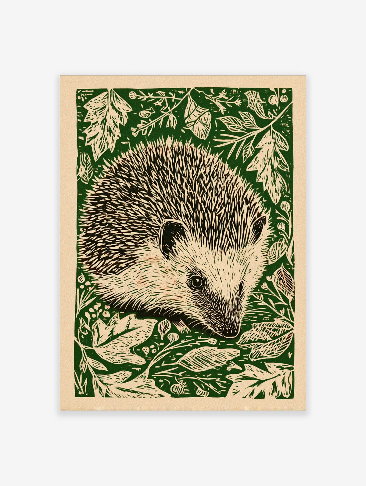 Hedgehog linocut style wall art print with green foliage on a cream background, portrait orientation