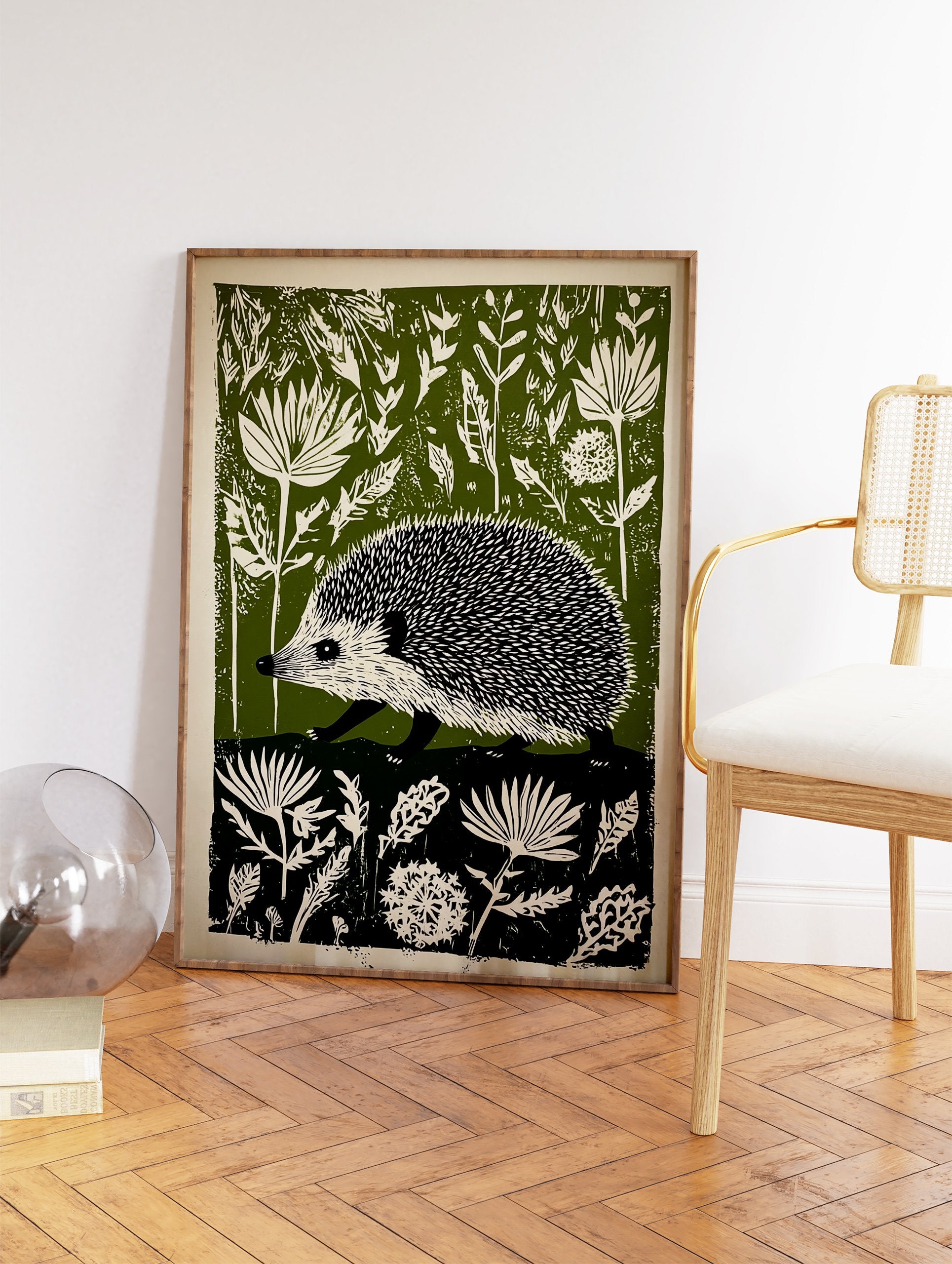 Green and off-white linocut style print of a hedgehog walking through dense botanical foliage. - Image 2