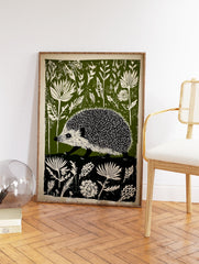 Green and off-white linocut style print of a hedgehog walking through dense botanical foliage. - Image 2