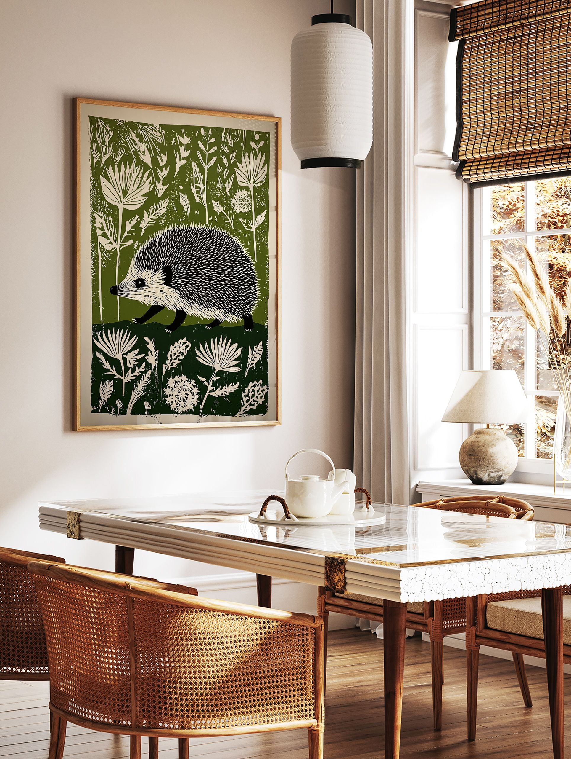 Green and off-white linocut style print of a hedgehog walking through dense botanical foliage. - Image 3