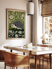 Green and off-white linocut style print of a hedgehog walking through dense botanical foliage. - Image 3