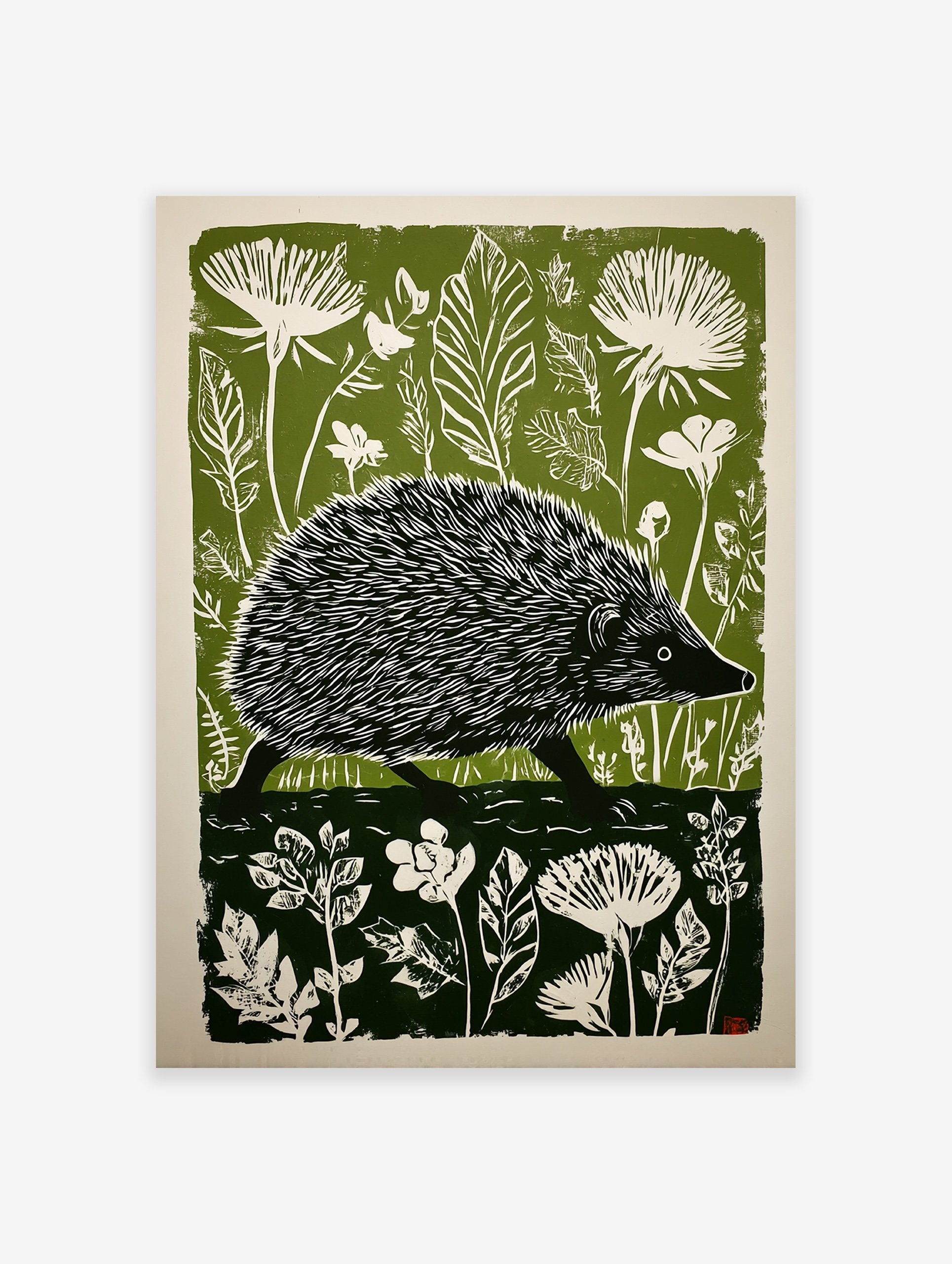 Green and white linocut print of a hedgehog walking through a forest with large leaves and flowers.