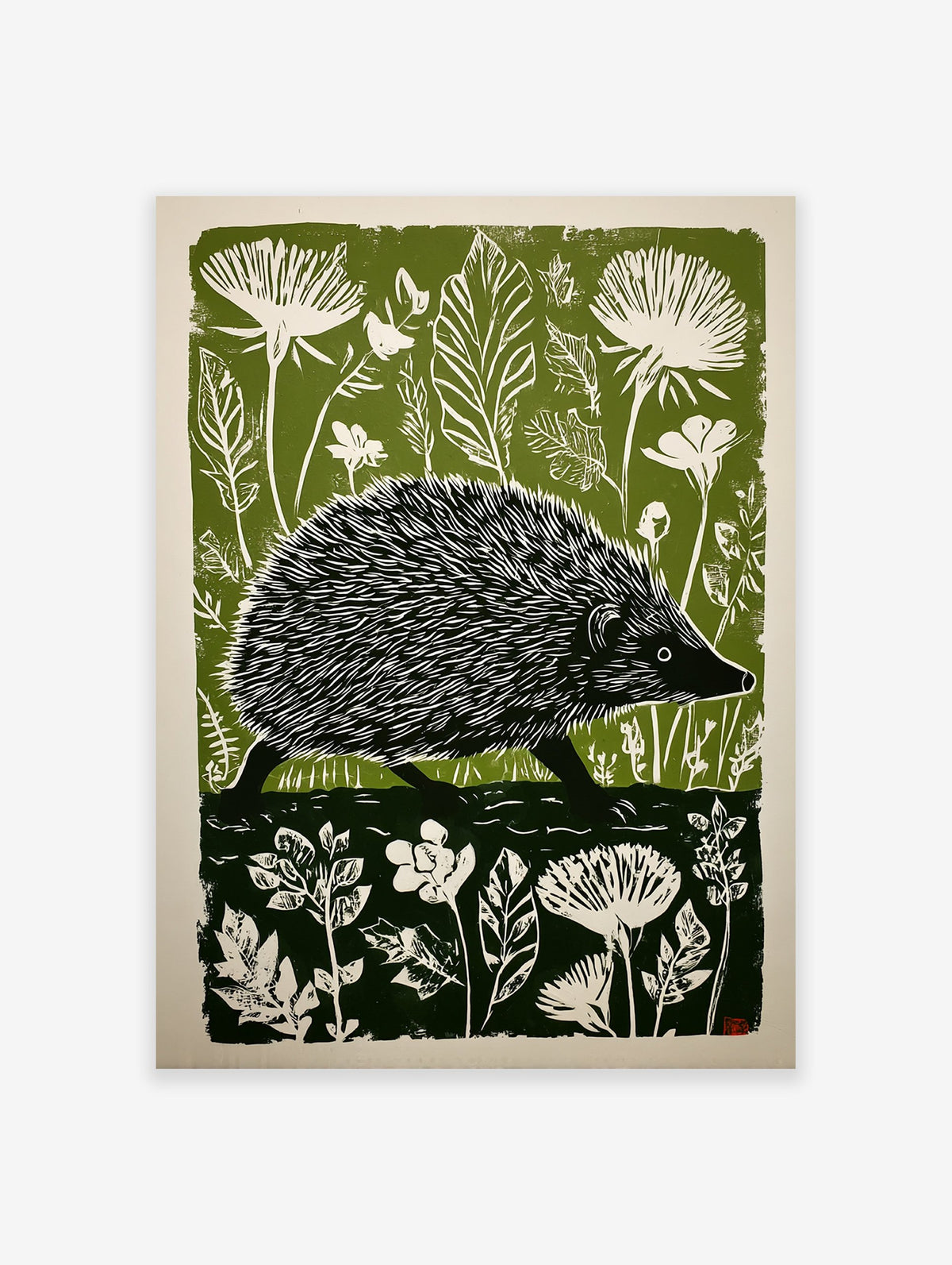 Green and white linocut print of a hedgehog walking through a forest with large leaves and flowers.