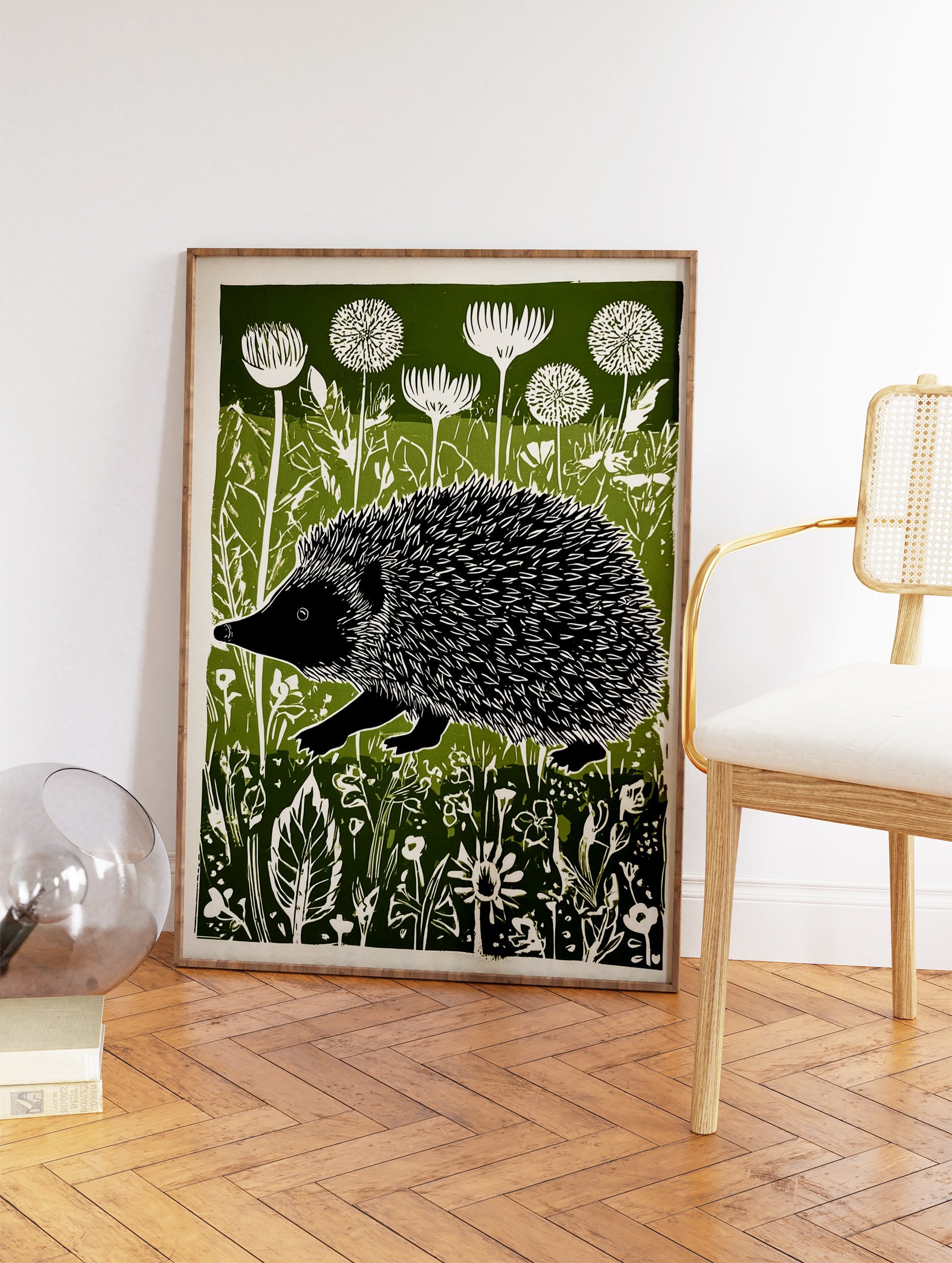 Hedgehog wall art print in green, black, and white, featuring a hedgehog walking through a field of wildflowers. - Image 2