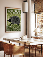 Hedgehog wall art print in green, black, and white, featuring a hedgehog walking through a field of wildflowers. - Image 3