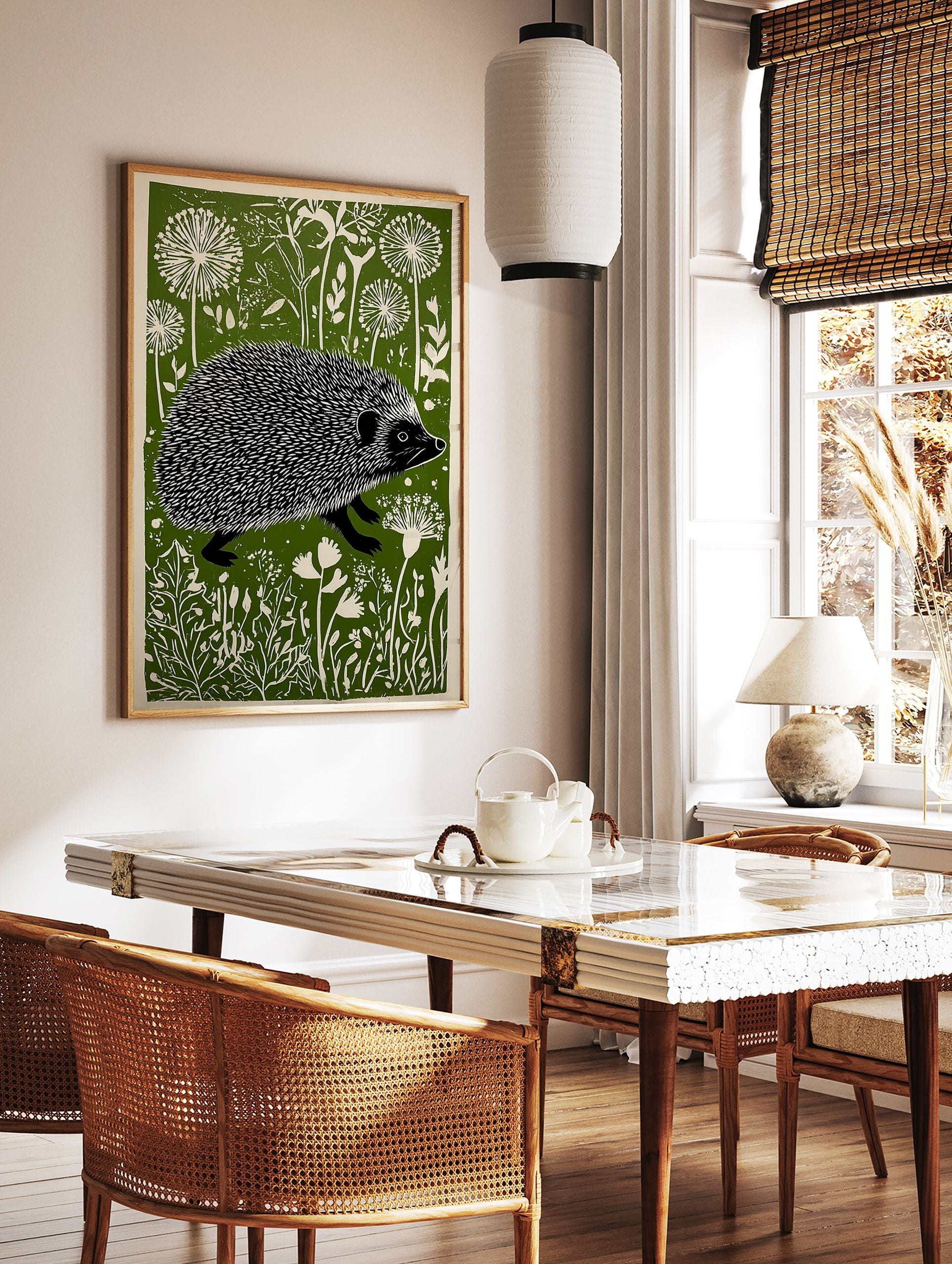 Linocut print of a hedgehog walking through a green and white stylized meadow with dandelion-like flowers. - Image 3
