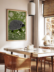 Linocut print of a hedgehog walking through a green and white stylized meadow with dandelion-like flowers. - Image 3