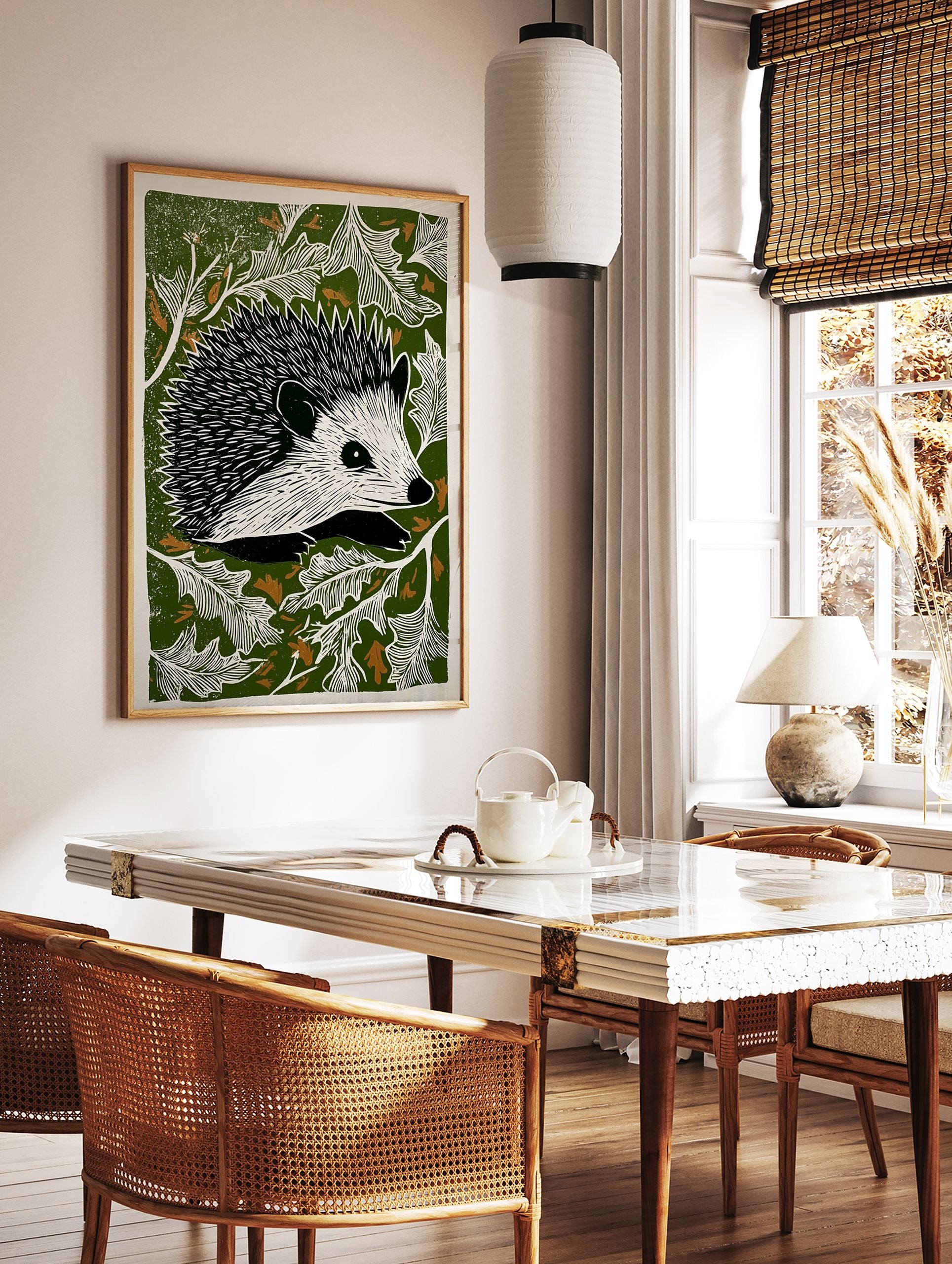 Hedgehog linocut print with black and white hedgehog surrounded by white leaves on a dark green background with brown accents. - Image 3