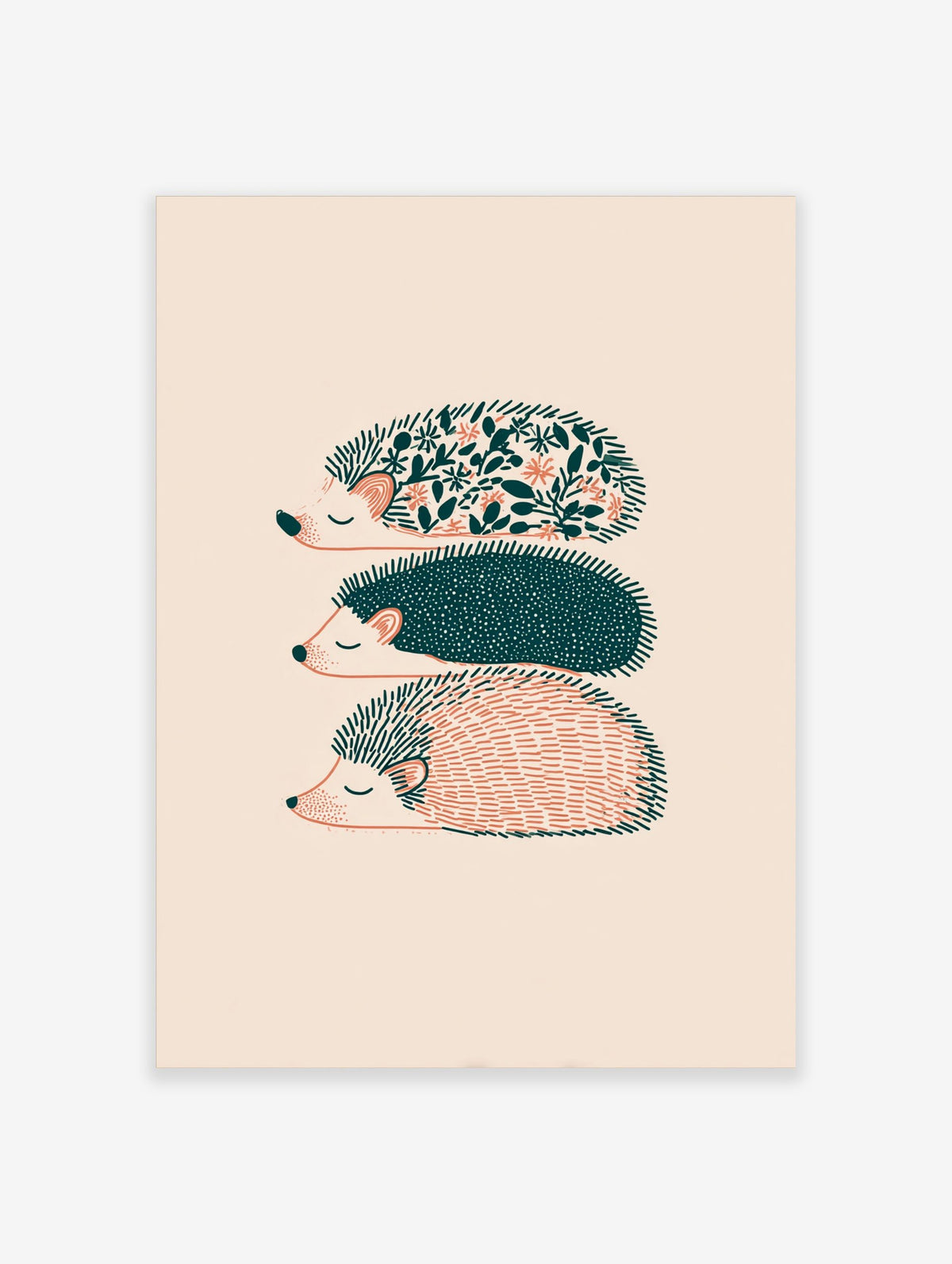 Three illustrative hedgehogs with floral, dotted, and striped patterns in teal and peach on a cream background