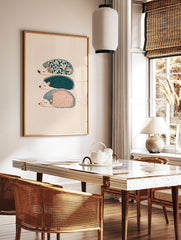 Three illustrative hedgehogs with floral, dotted, and striped patterns in teal and peach on a cream, in a styled room mockup