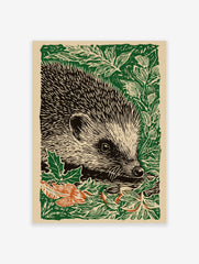 Woodcut illustration art print of a hedgehog in green foliage with some orange autumn leaves