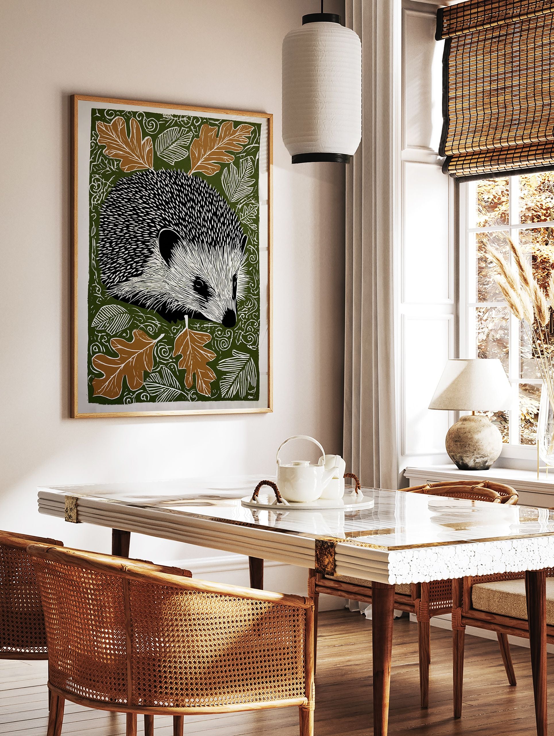 Hedgehog wall art print with black and white hedgehog, brown oak leaves, and white swirling patterns on a dark green background. - Image 3