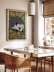 Hedgehog wall art print with black and white hedgehog, brown oak leaves, and white swirling patterns on a dark green background. - Image 3