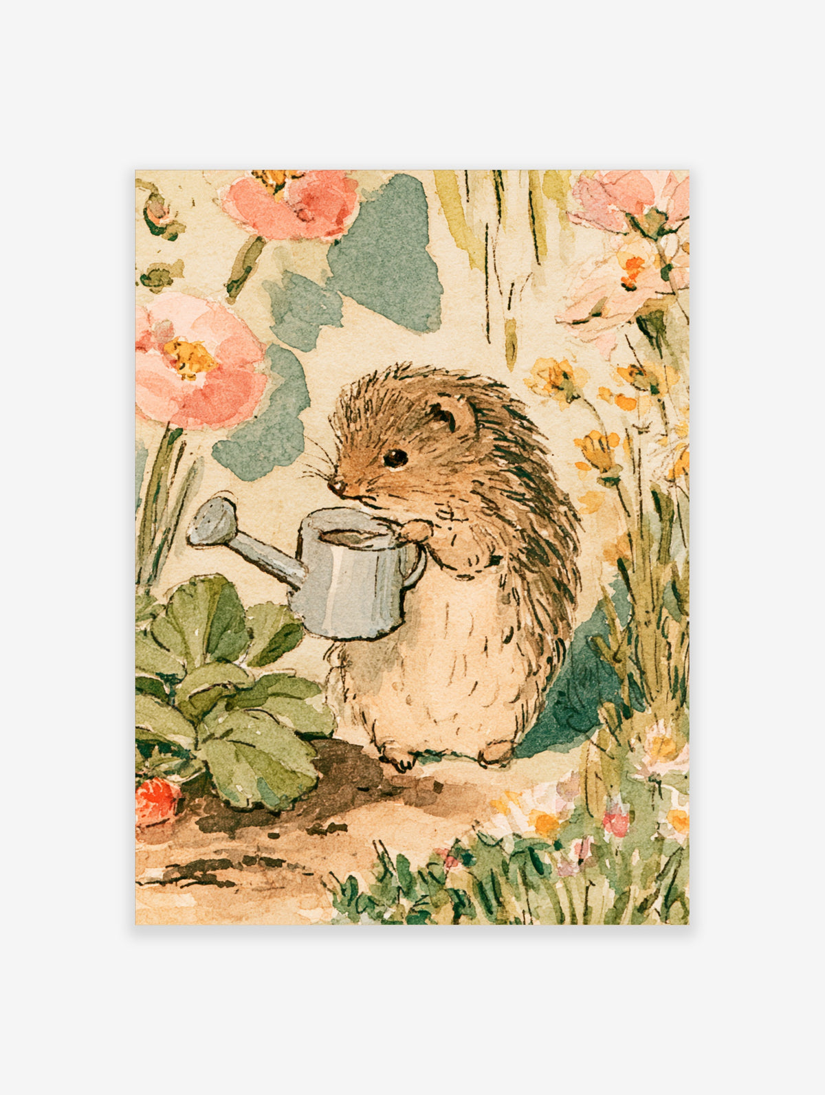 Watercolour hedgehog holding a silver watering can among pink flowers and green leaves