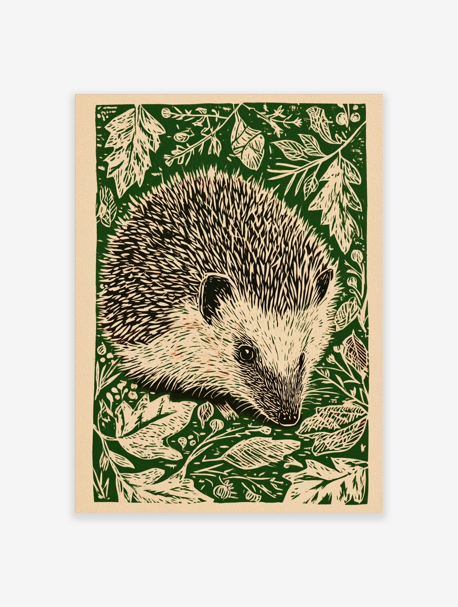 Hedgehog woodcut illustration wall art with quills and forest foliage on a green background