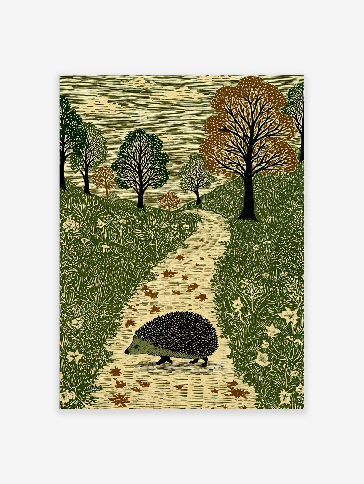 Illustrative print of a hedgehog walking on a path in a green woodland with trees and clouds