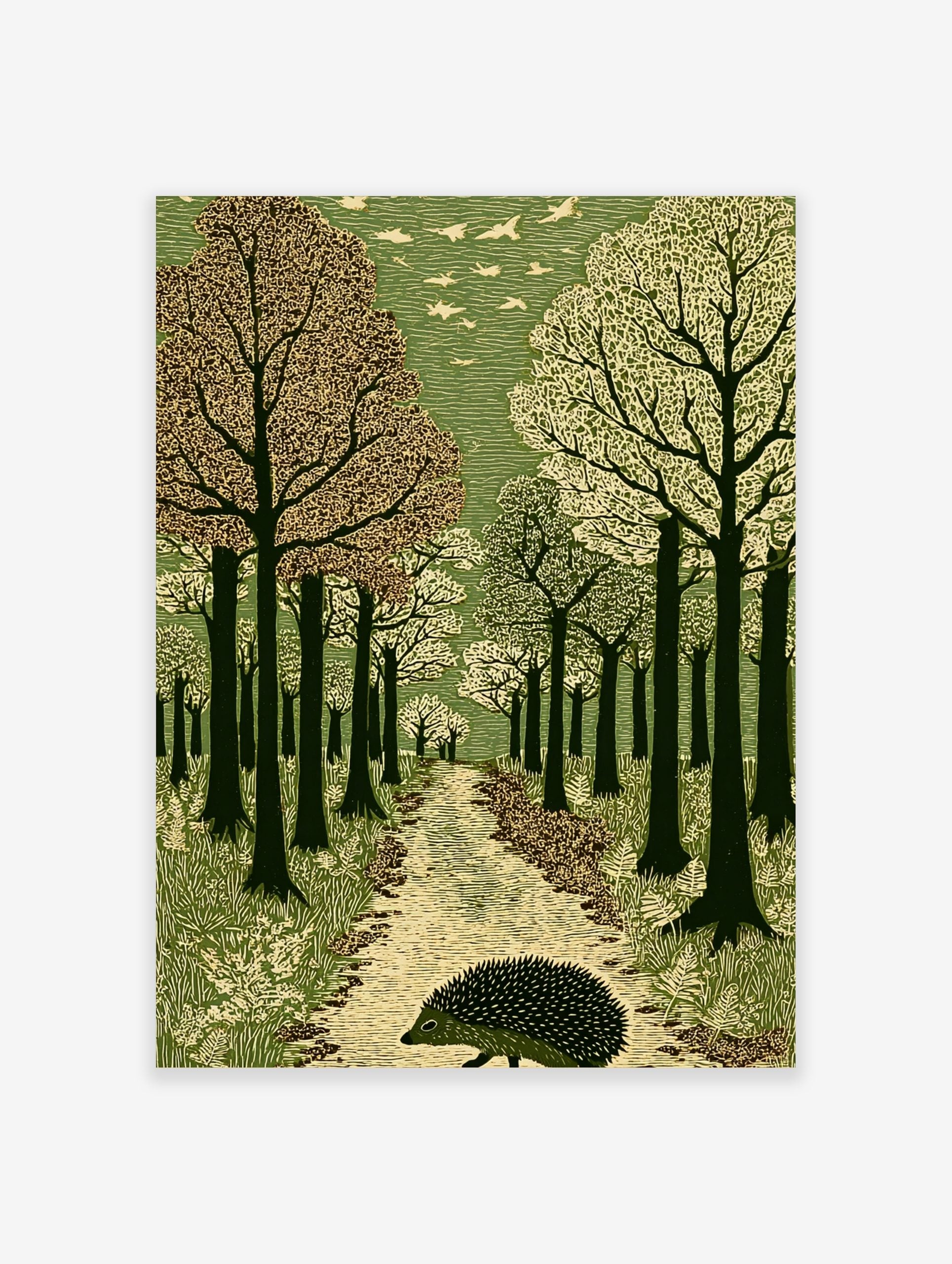 Hedgehog walking on a textured path through a green forest with flying birds, in a linocut art style