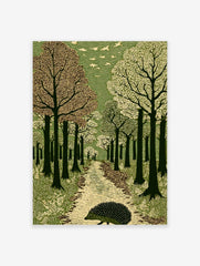 Hedgehog walking on a textured path through a green forest with flying birds, in a linocut art style