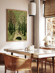 Hedgehog walking on a textured path through a green forest with flying birds, in a linocut art style, in a styled room mockup