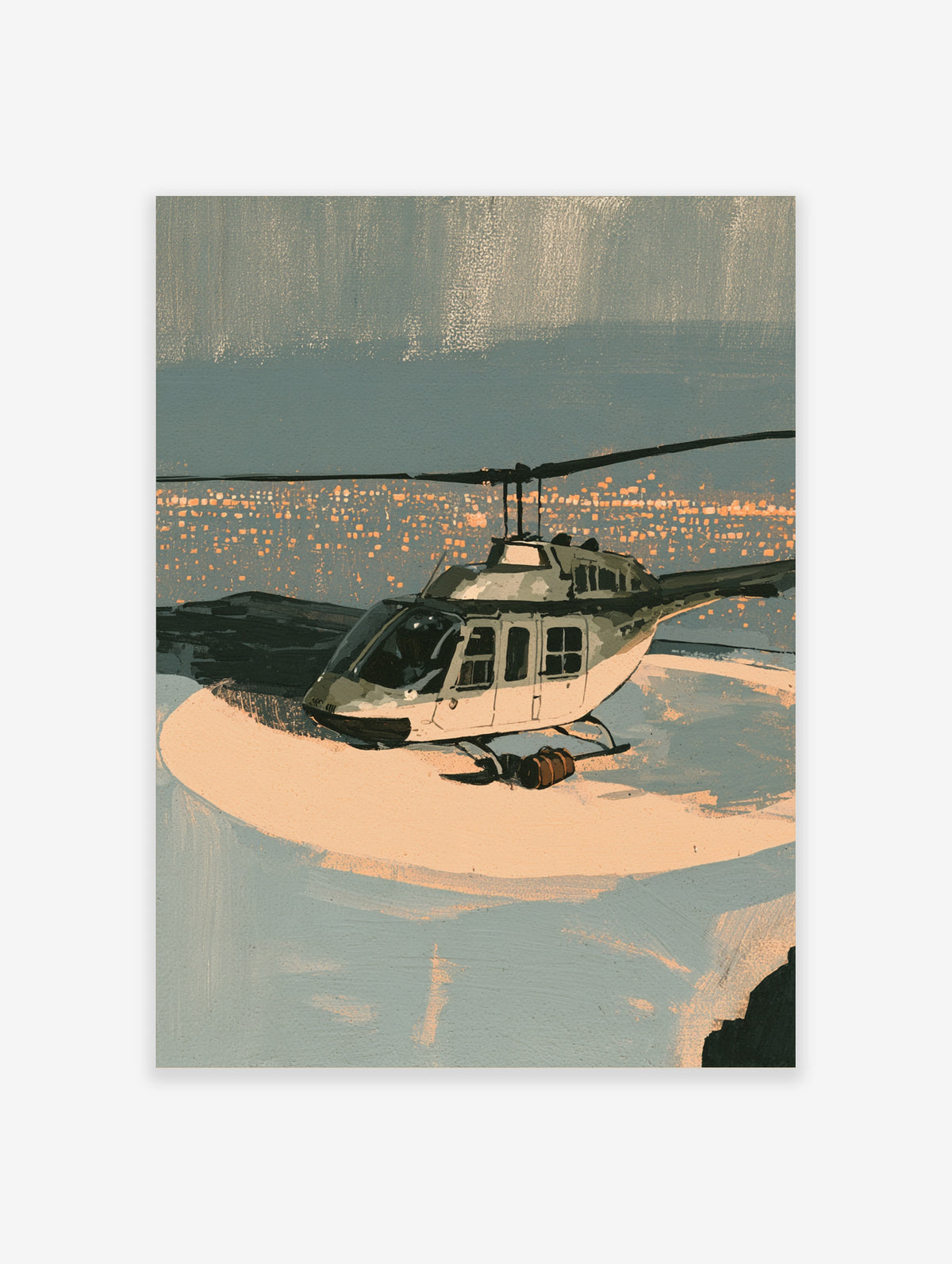 Illustrated helicopter poster with white helicopter hovering over orange city lights at night