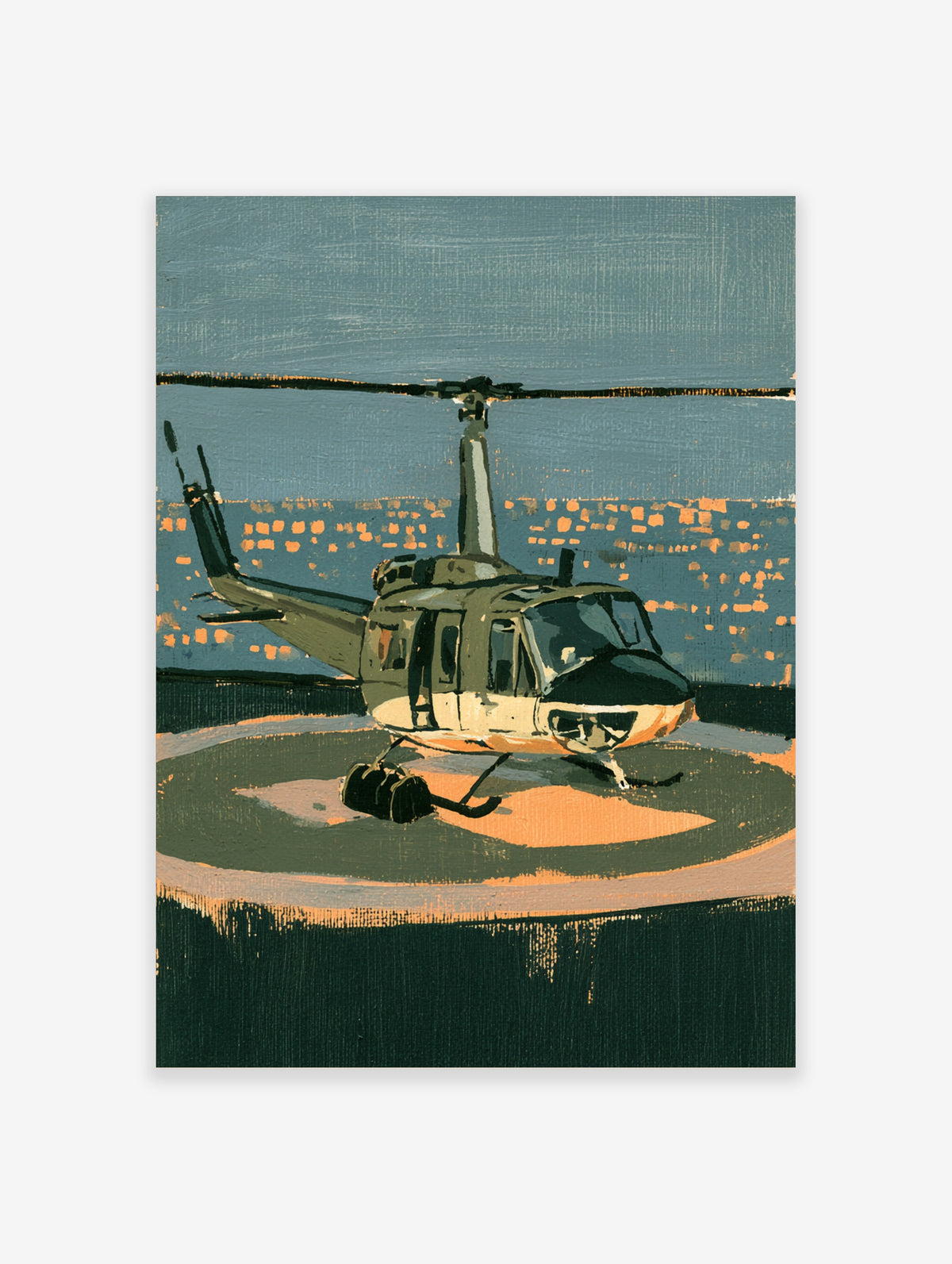 Green helicopter on rooftop helipad at night with orange city lights, aviation poster