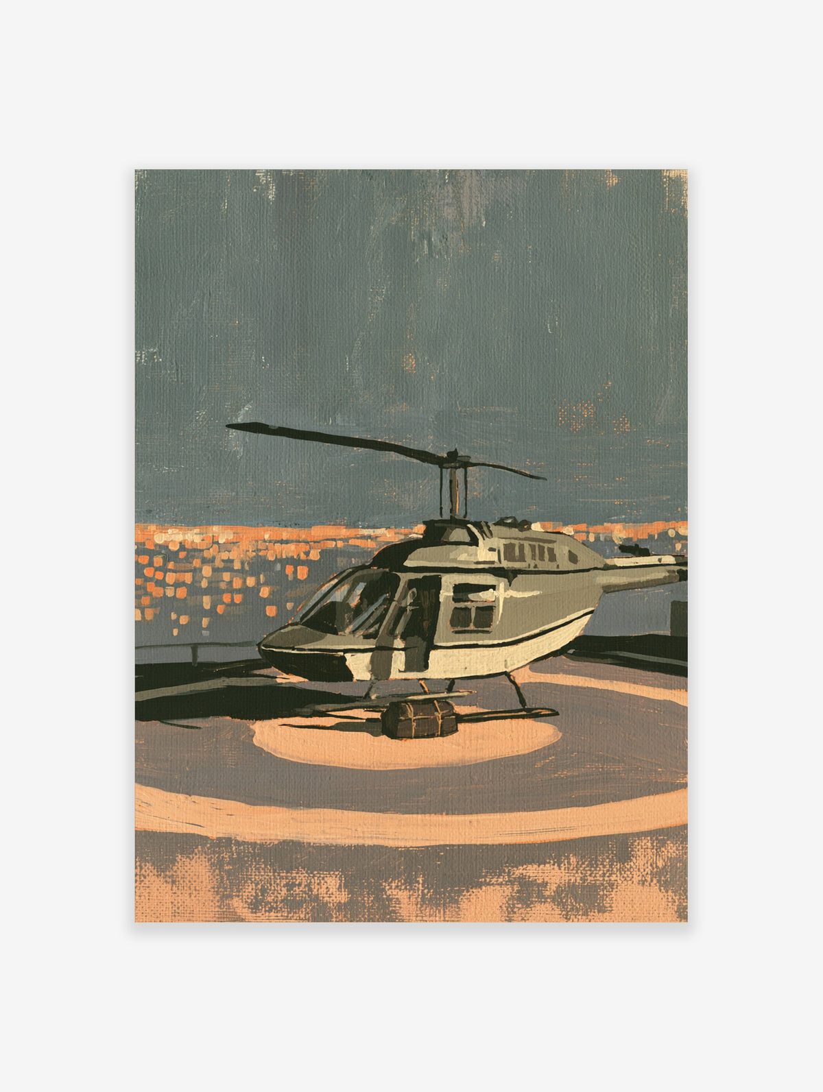 Helicopter on circular helipad at dusk with city skyline, urban aviation art print