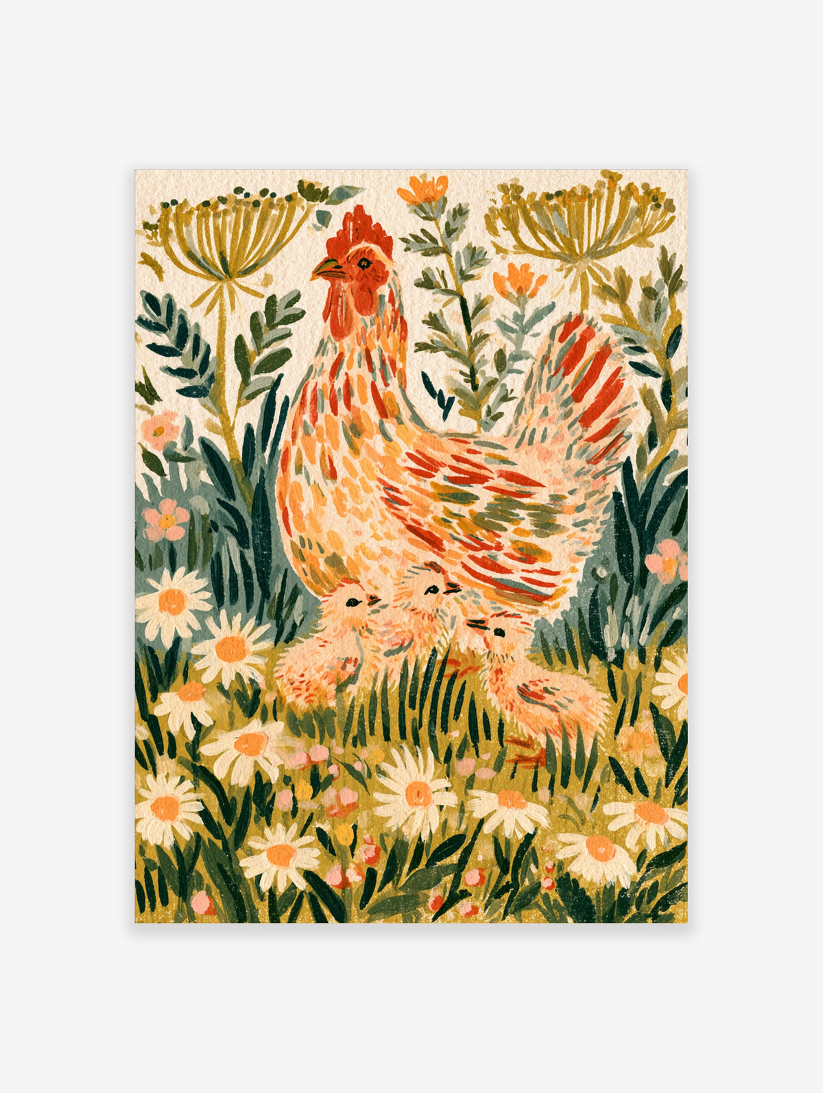 Hen and chicks poster with red hen and three chicks among daisies and wildflowers