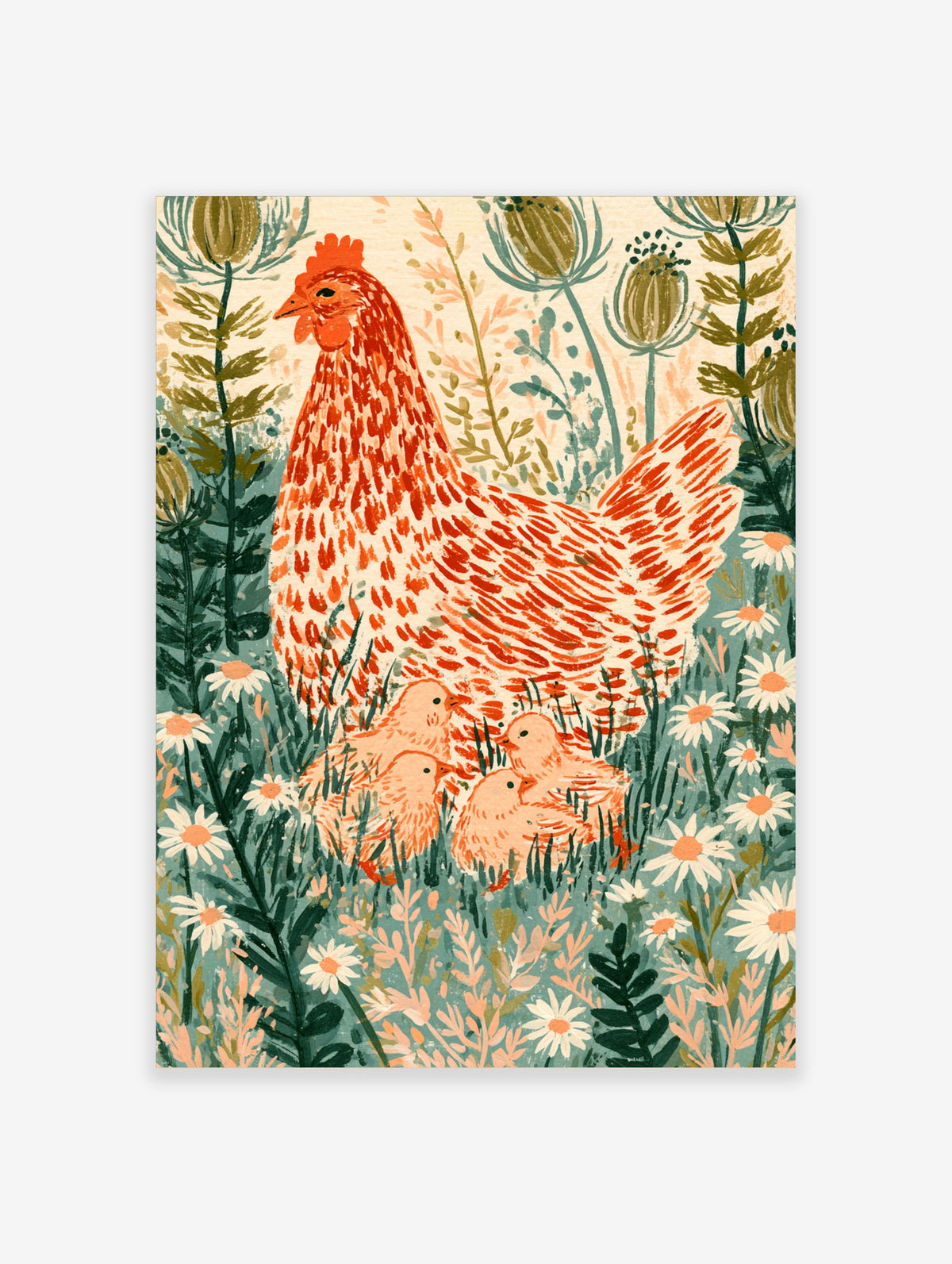 Hen and four chicks poster with daisies and green foliage