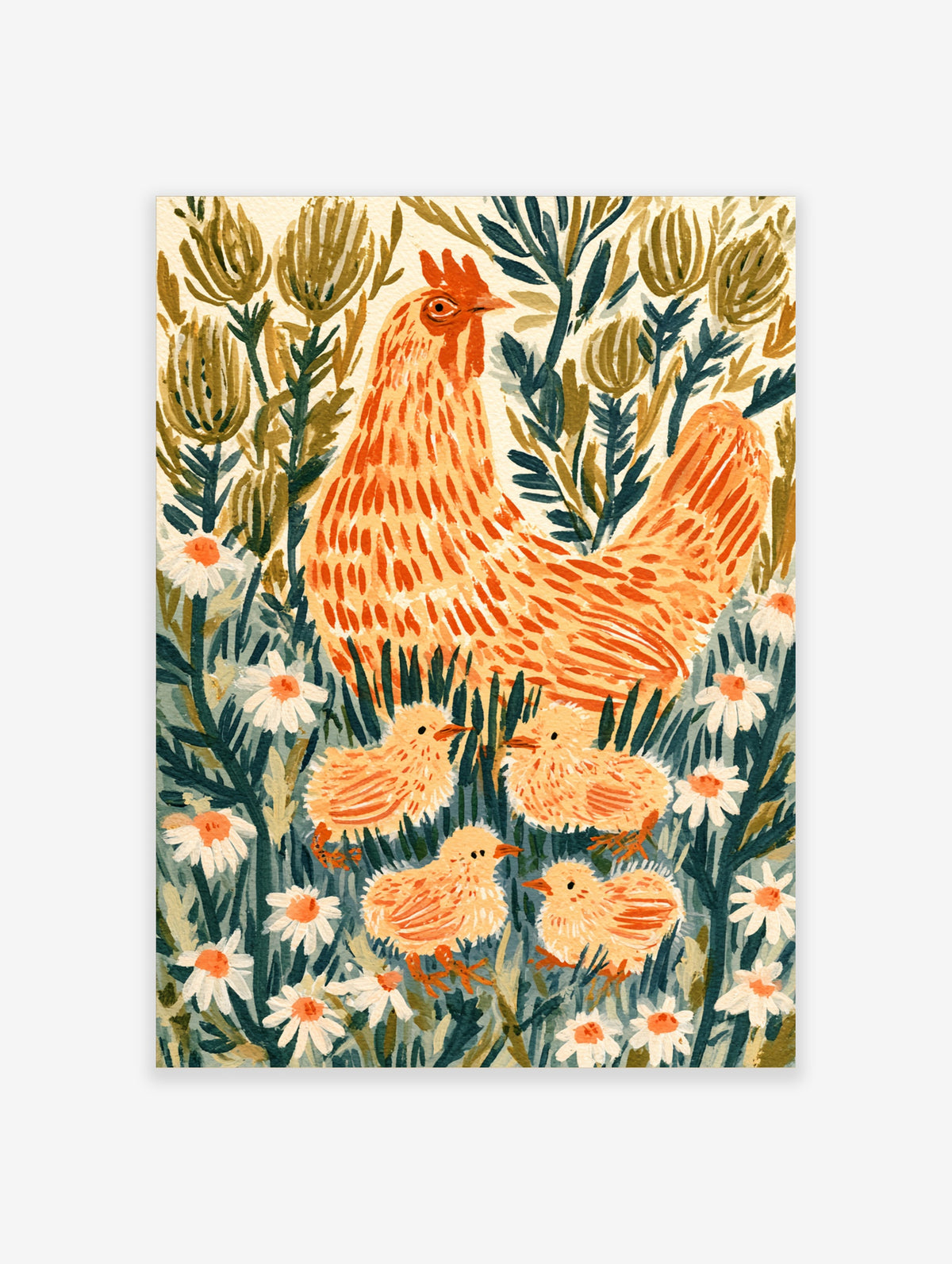 Hen and four chicks illustration art print with white daisies and green foliage