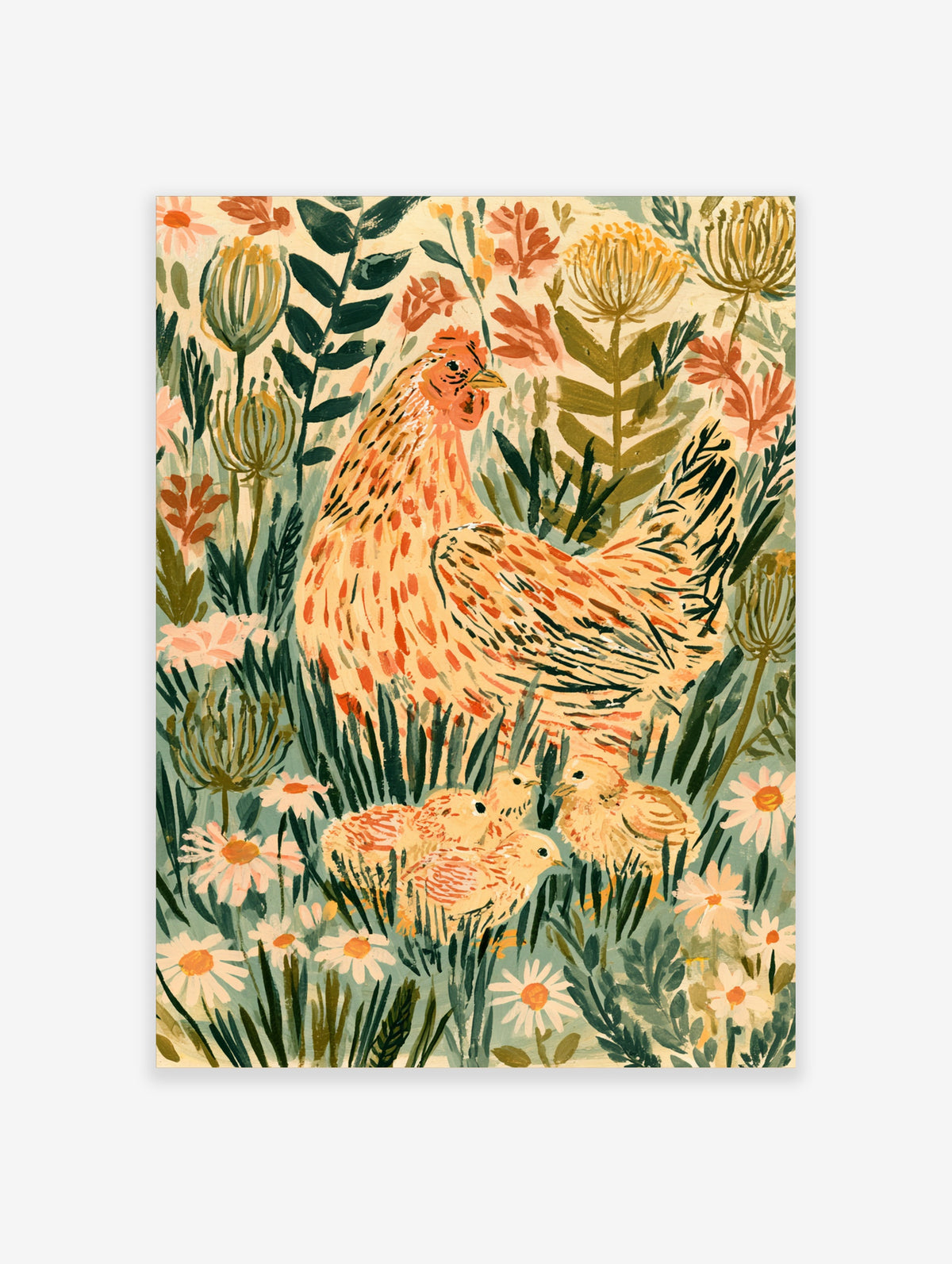Hen and chicks art print with speckled hen, three chicks, wildflowers, and green foliage