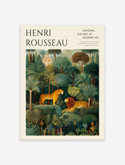 Henri Rousseau jungle art print with tiger and lion among green palm trees, promoting National Gallery Modern Art