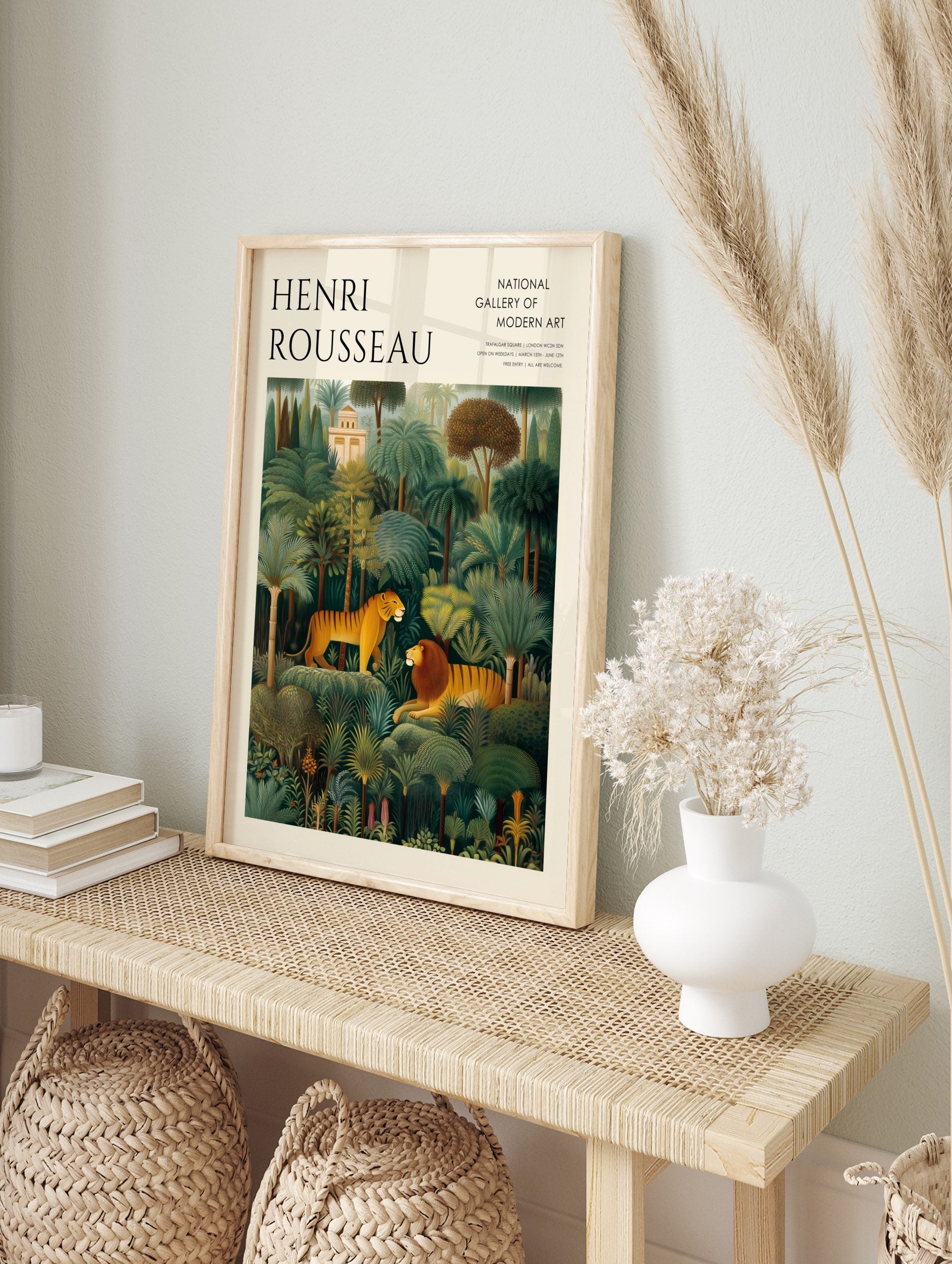 Henri Rousseau jungle art print with tiger and lion among green palm trees, promoting National Gallery Modern Art, in an