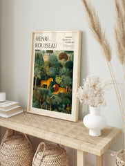 Henri Rousseau jungle art print with tiger and lion among green palm trees, promoting National Gallery Modern Art, in an