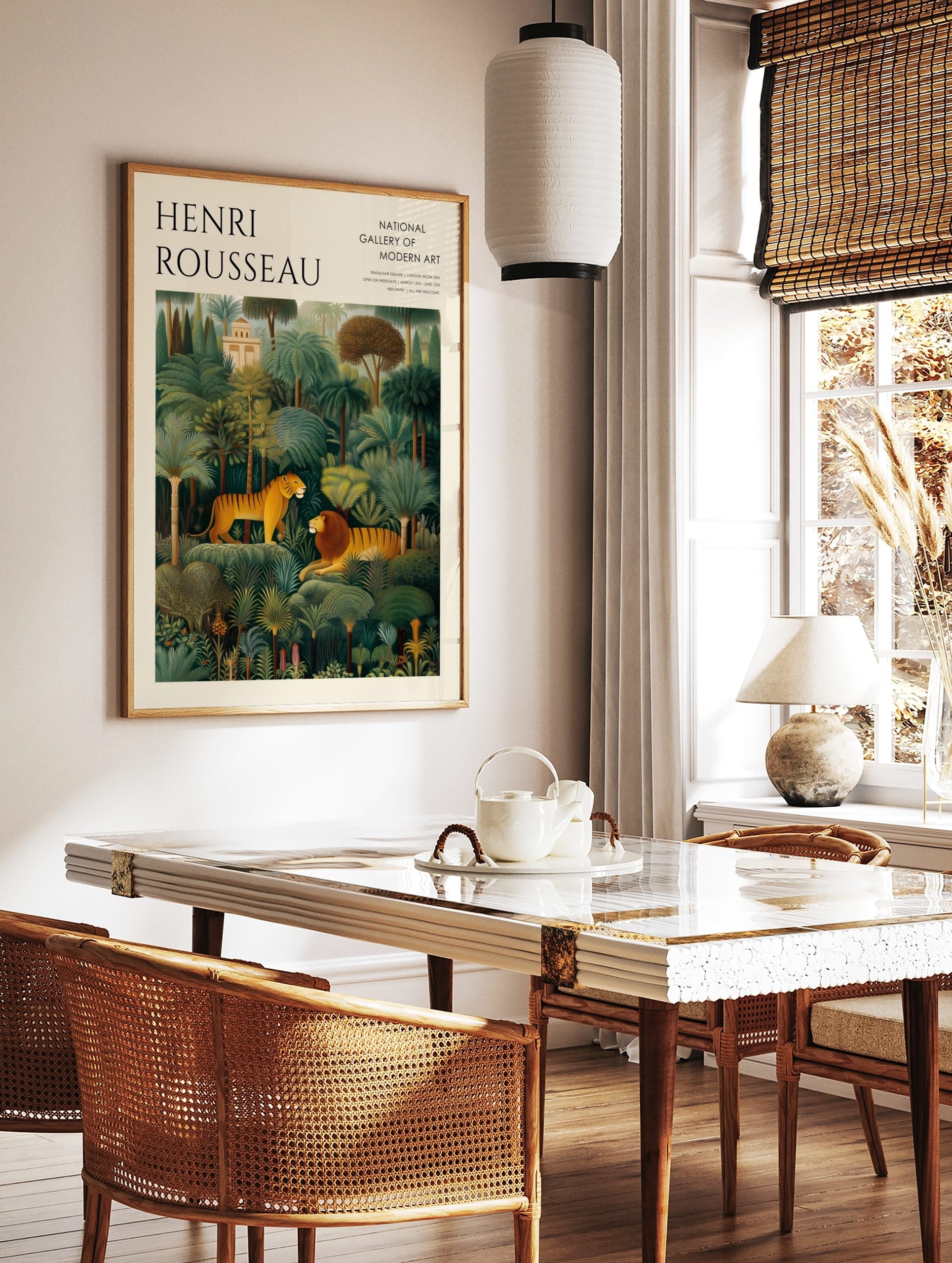 Henri Rousseau jungle art print with tiger and lion among green palm trees, promoting National Gallery Modern Art, in a