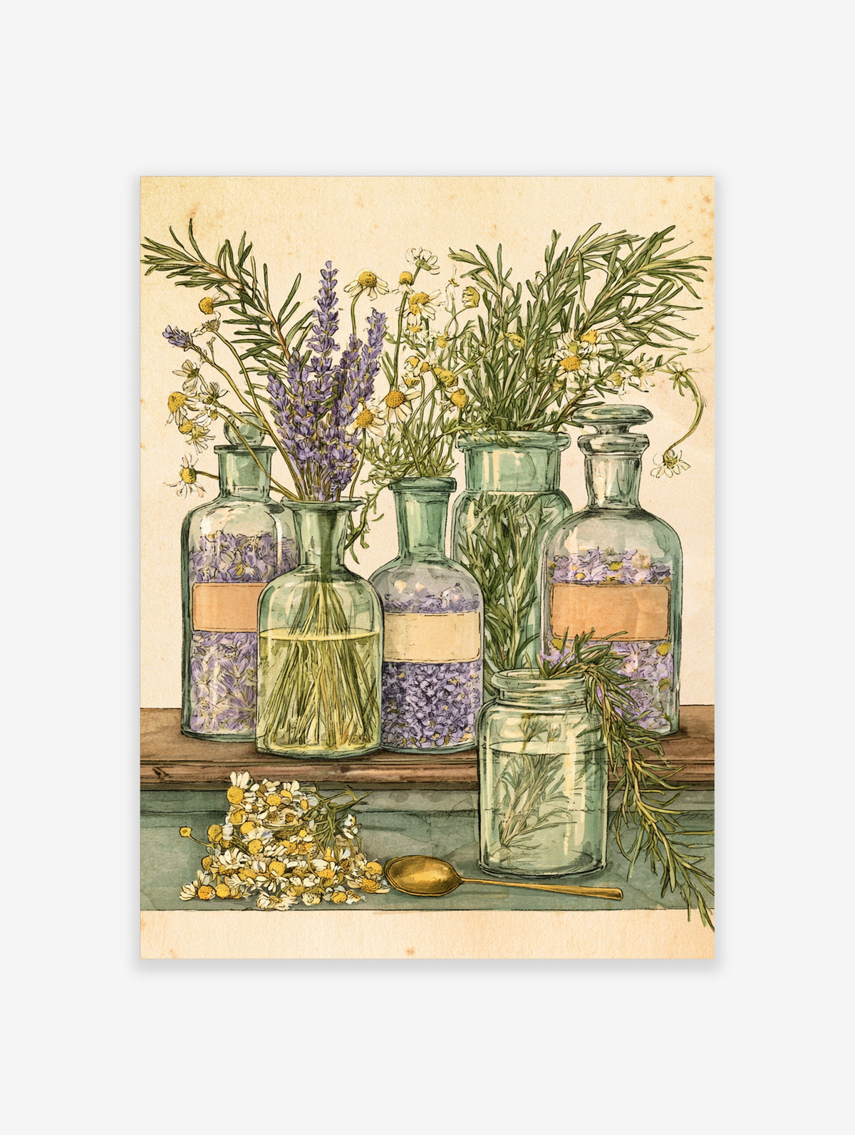 Botanical illustration of glass apothecary bottles with lavender, chamomile and rosemary on a wooden shelf