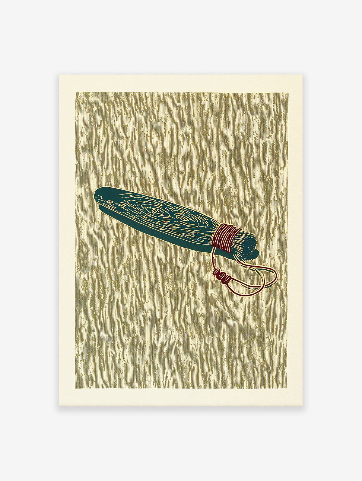 Stylized herbal bundle wall art print with teal-green bundle tied with red string on a textured olive-gold background.
