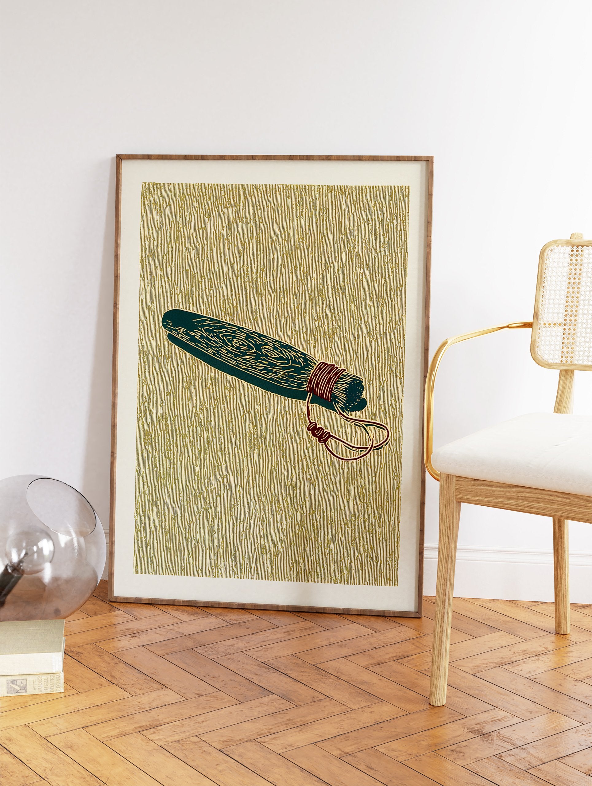 Stylized herbal bundle wall art print with teal-green bundle tied with red string on a textured olive-gold background. - Image 2