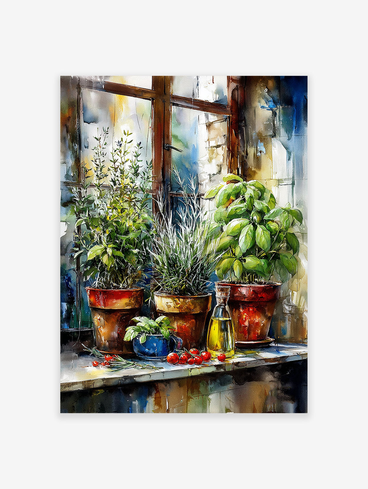 Watercolor poster of potted kitchen herbs, olive oil bottle, and cherry tomatoes on a windowsill, with a rustic window frame.