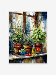 Watercolor poster of potted kitchen herbs, olive oil bottle, and cherry tomatoes on a windowsill, with a rustic window frame.