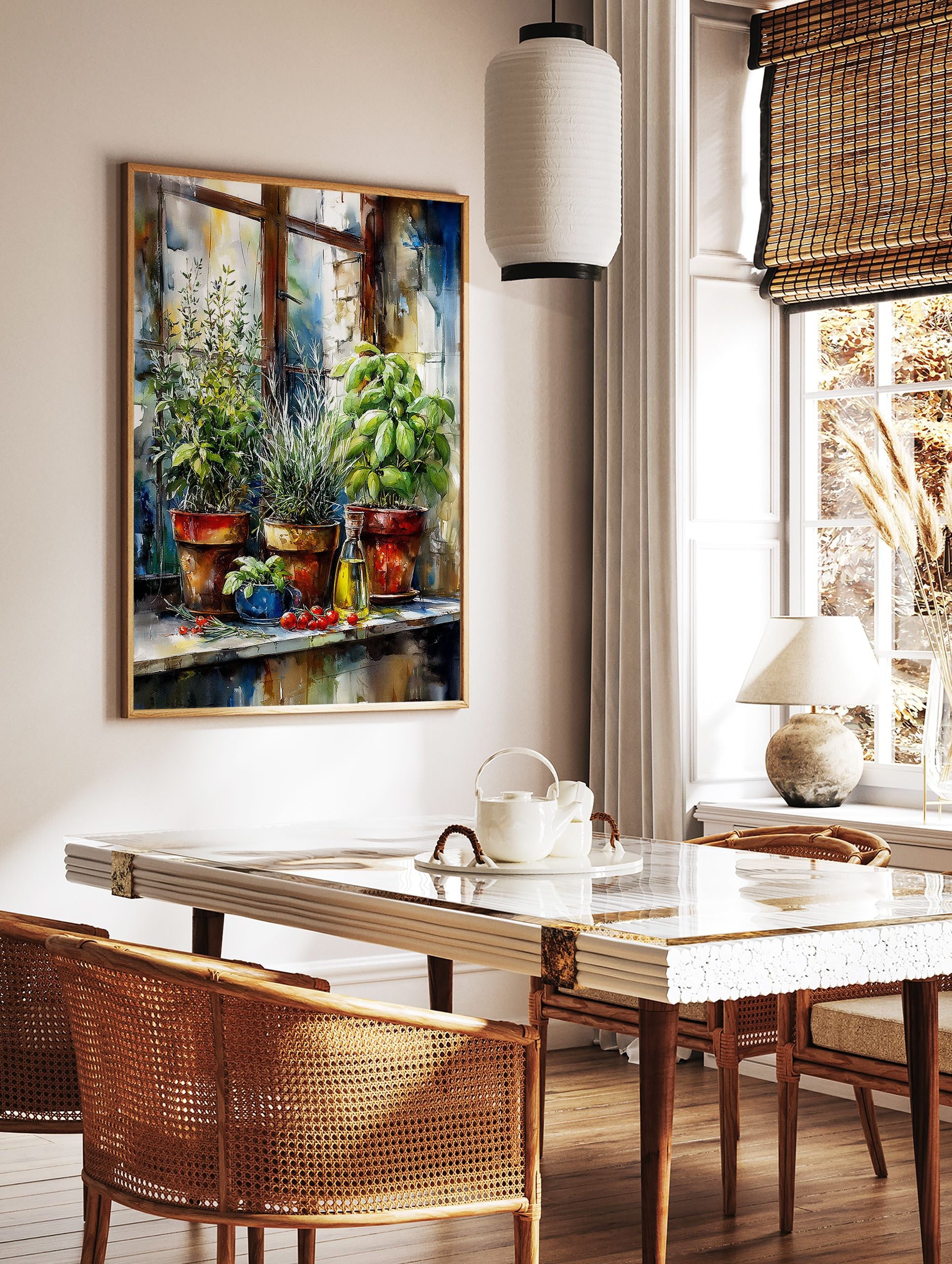 Watercolor poster of potted kitchen herbs, olive oil bottle, and cherry tomatoes on a windowsill, with a rustic window frame. - Image 2