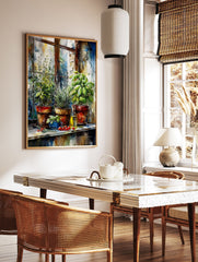 Watercolor poster of potted kitchen herbs, olive oil bottle, and cherry tomatoes on a windowsill, with a rustic window frame. - Image 2