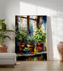 Watercolor poster of potted kitchen herbs, olive oil bottle, and cherry tomatoes on a windowsill, with a rustic window frame. - Image 3