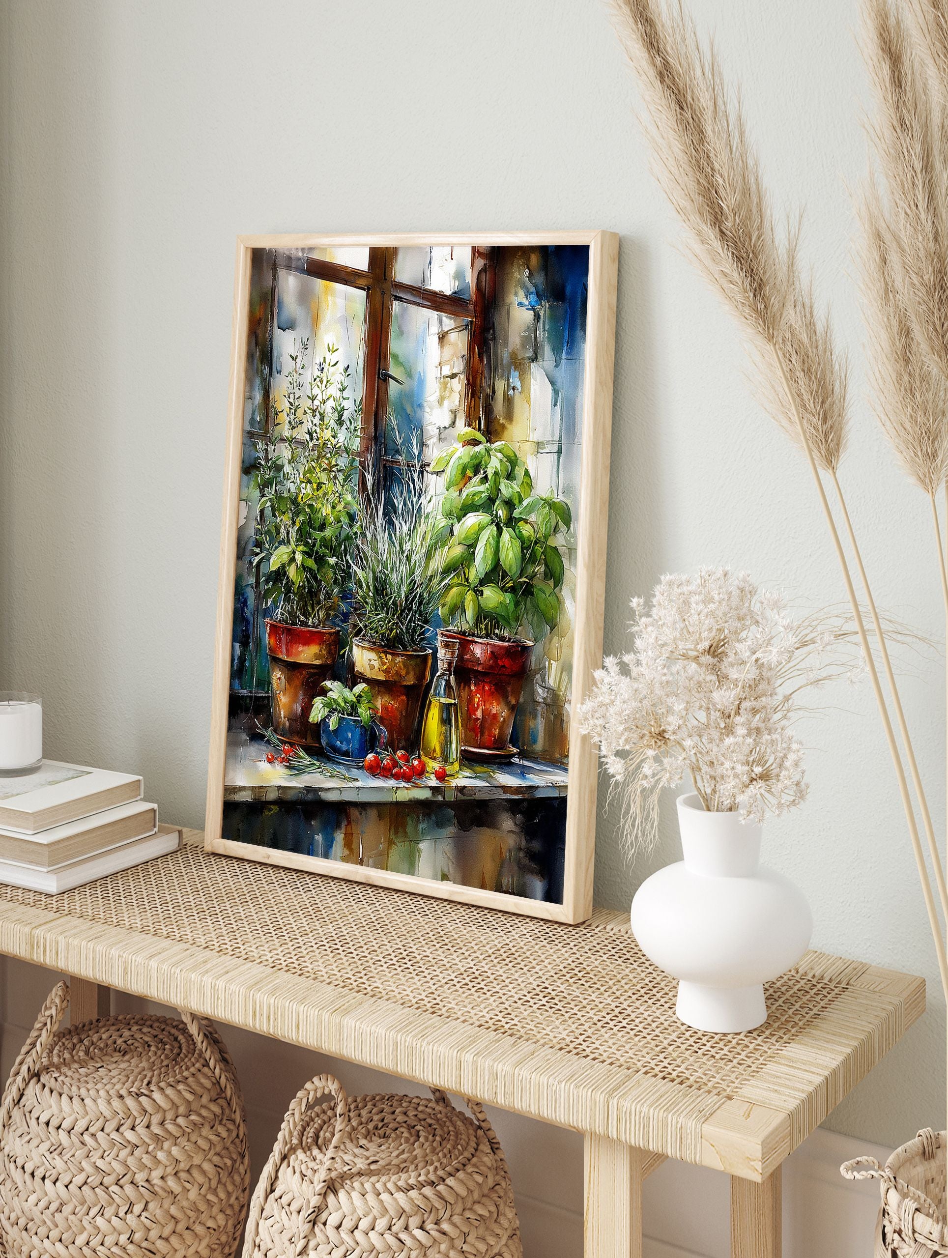 Watercolor poster of potted kitchen herbs, olive oil bottle, and cherry tomatoes on a windowsill, with a rustic window frame. - Image 4