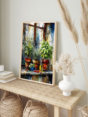 Watercolor poster of potted kitchen herbs, olive oil bottle, and cherry tomatoes on a windowsill, with a rustic window frame. - Image 4